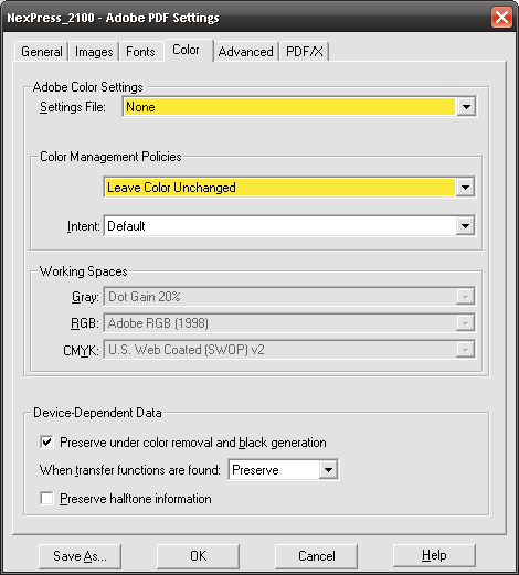 Color settings in Adobe PDF print driver